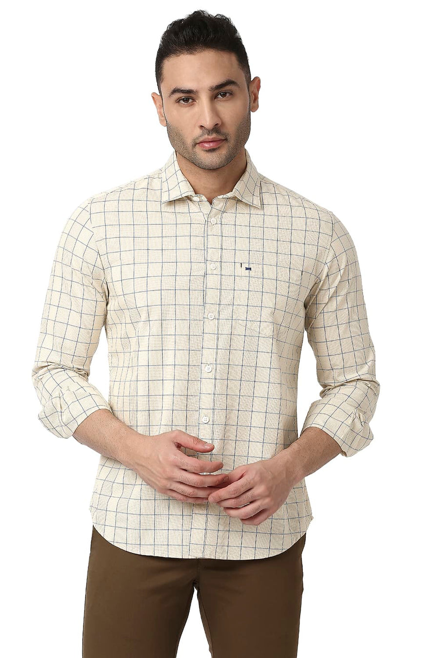 BASICS SLIM FIT TOFU BEIGE COTTON CHECKS SHIRT