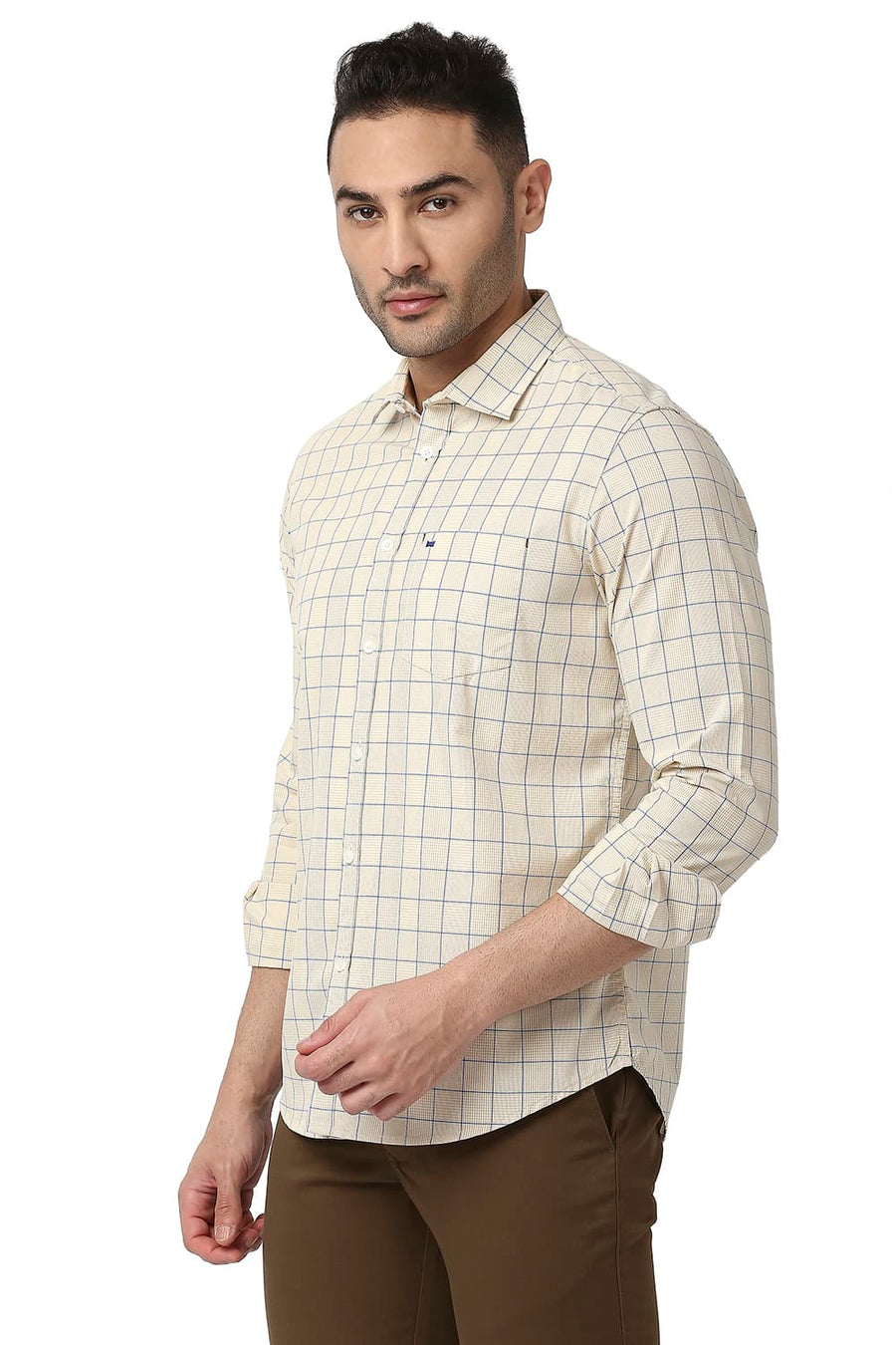 BASICS SLIM FIT TOFU BEIGE COTTON CHECKS SHIRT