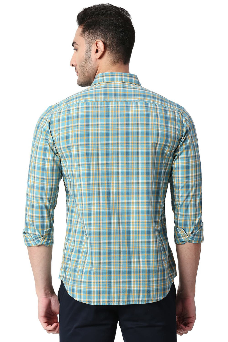BASICS SLIM FIT STORM BLUE COTTON CHECKS SHIRT