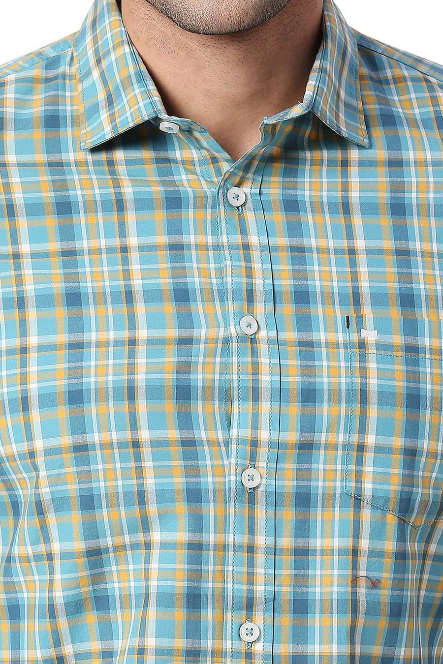 BASICS SLIM FIT STORM BLUE COTTON CHECKS SHIRT