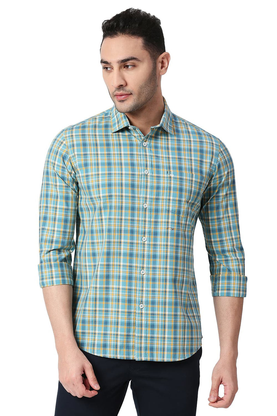 BASICS SLIM FIT STORM BLUE COTTON CHECKS SHIRT