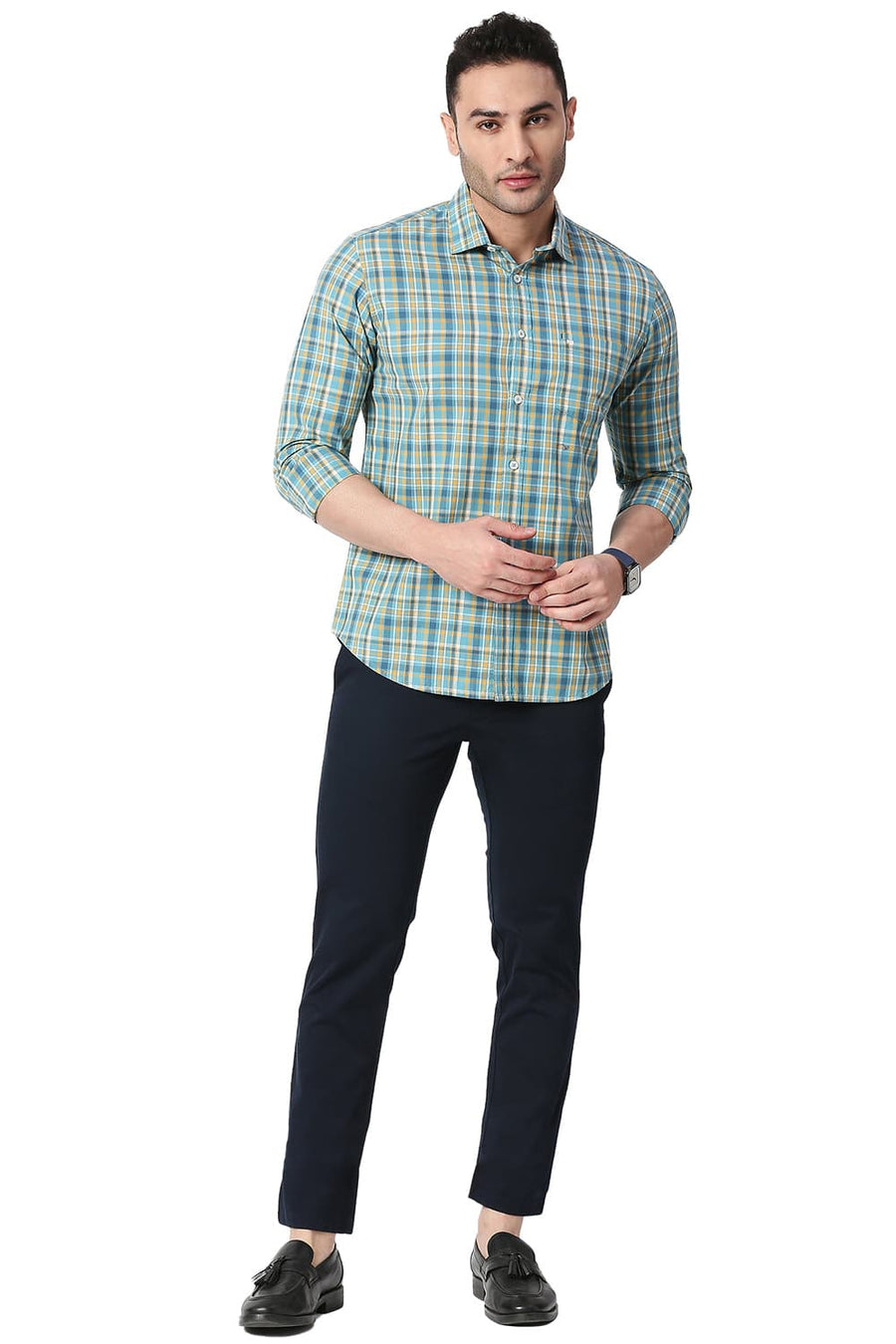BASICS SLIM FIT STORM BLUE COTTON CHECKS SHIRT