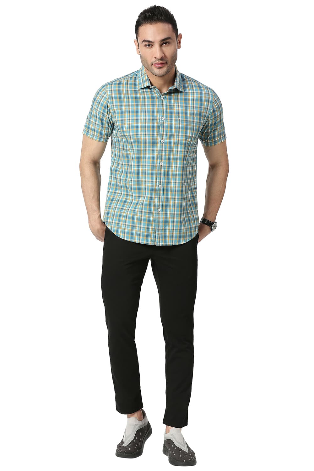 BASICS SLIM FIT COTTON CHECKS HALFSLEEVES SHIRT