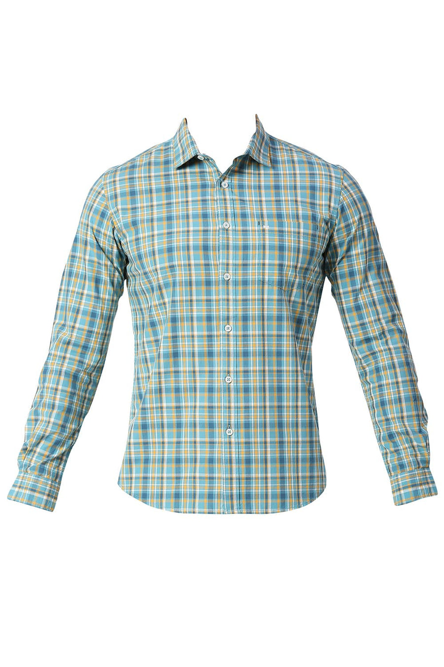 BASICS SLIM FIT STORM BLUE COTTON CHECKS SHIRT