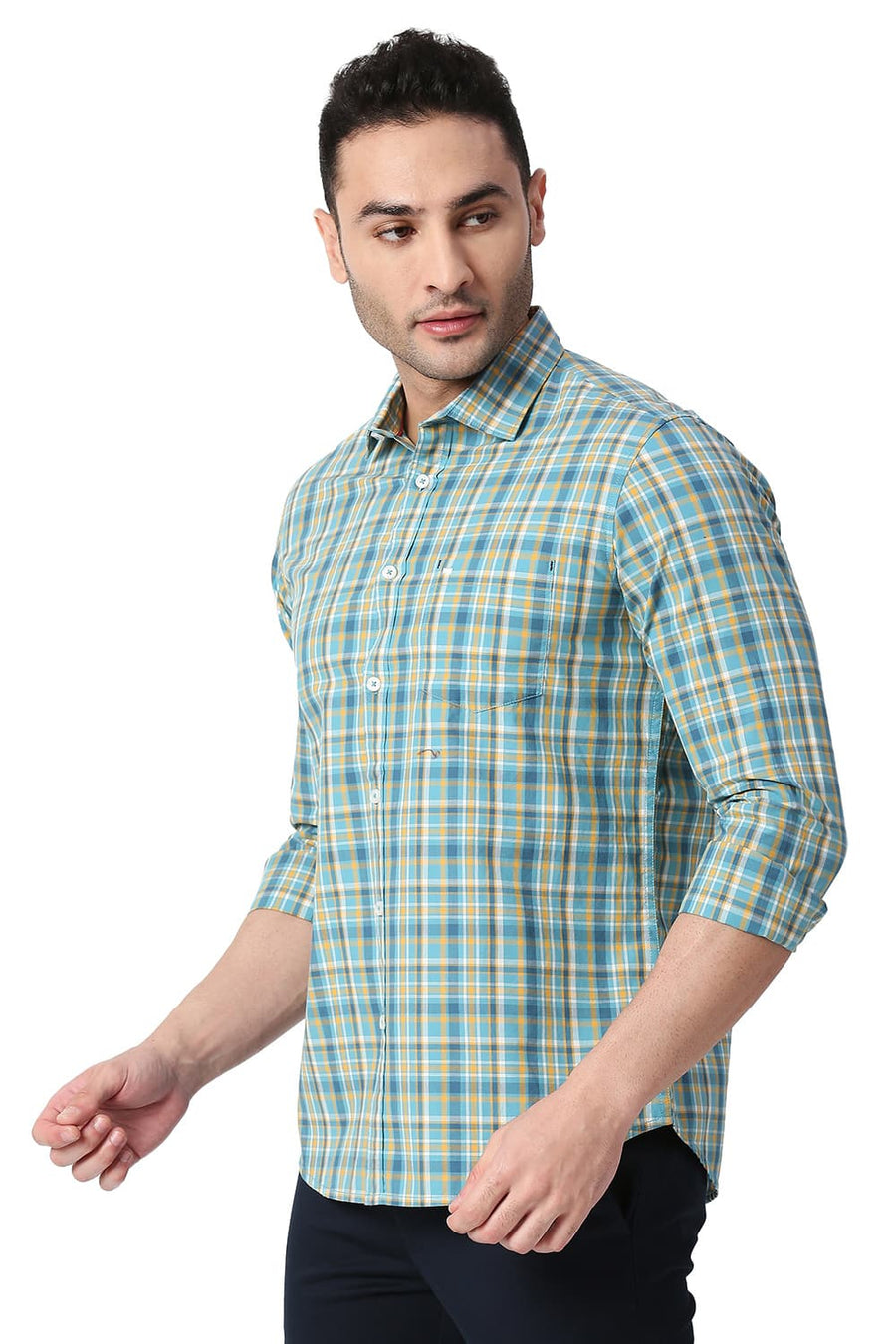 BASICS SLIM FIT STORM BLUE COTTON CHECKS SHIRT