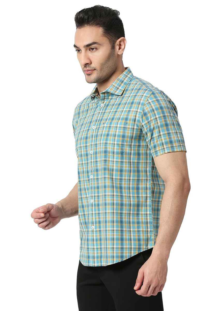 BASICS SLIM FIT COTTON CHECKS HALFSLEEVES SHIRT