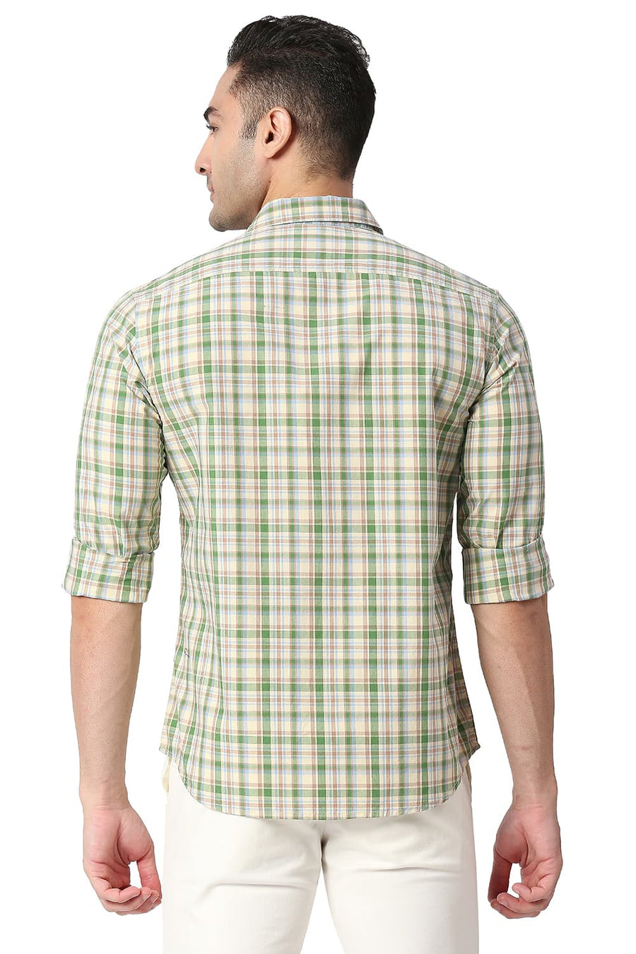 BASICS SLIM FIT ARTICHOKE GREEN COTTON CHECKS SHIRT