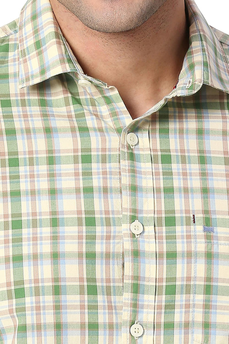 BASICS SLIM FIT ARTICHOKE GREEN COTTON CHECKS SHIRT
