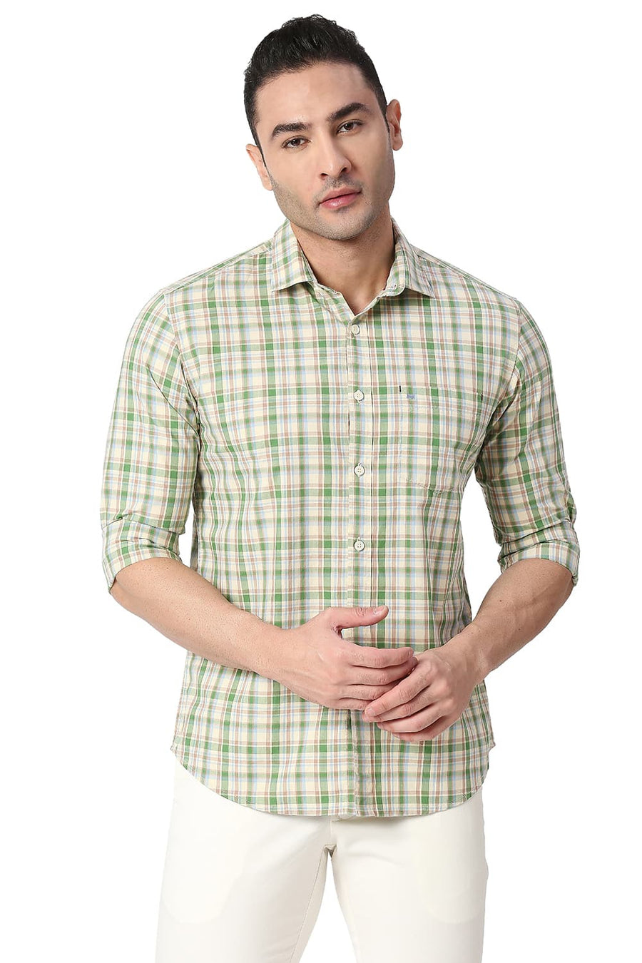 BASICS SLIM FIT ARTICHOKE GREEN COTTON CHECKS SHIRT