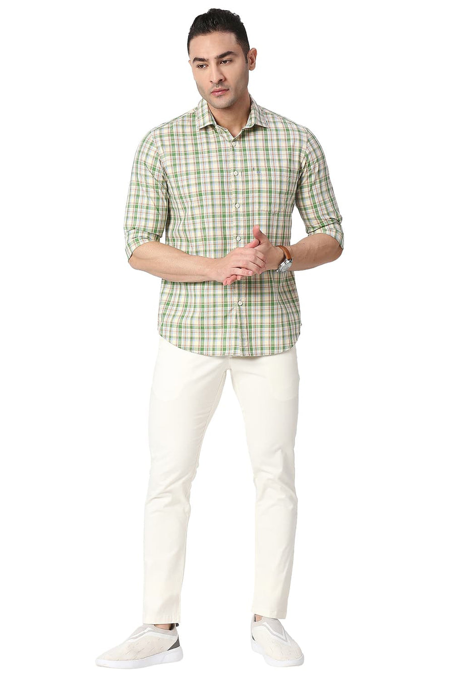 BASICS SLIM FIT ARTICHOKE GREEN COTTON CHECKS SHIRT