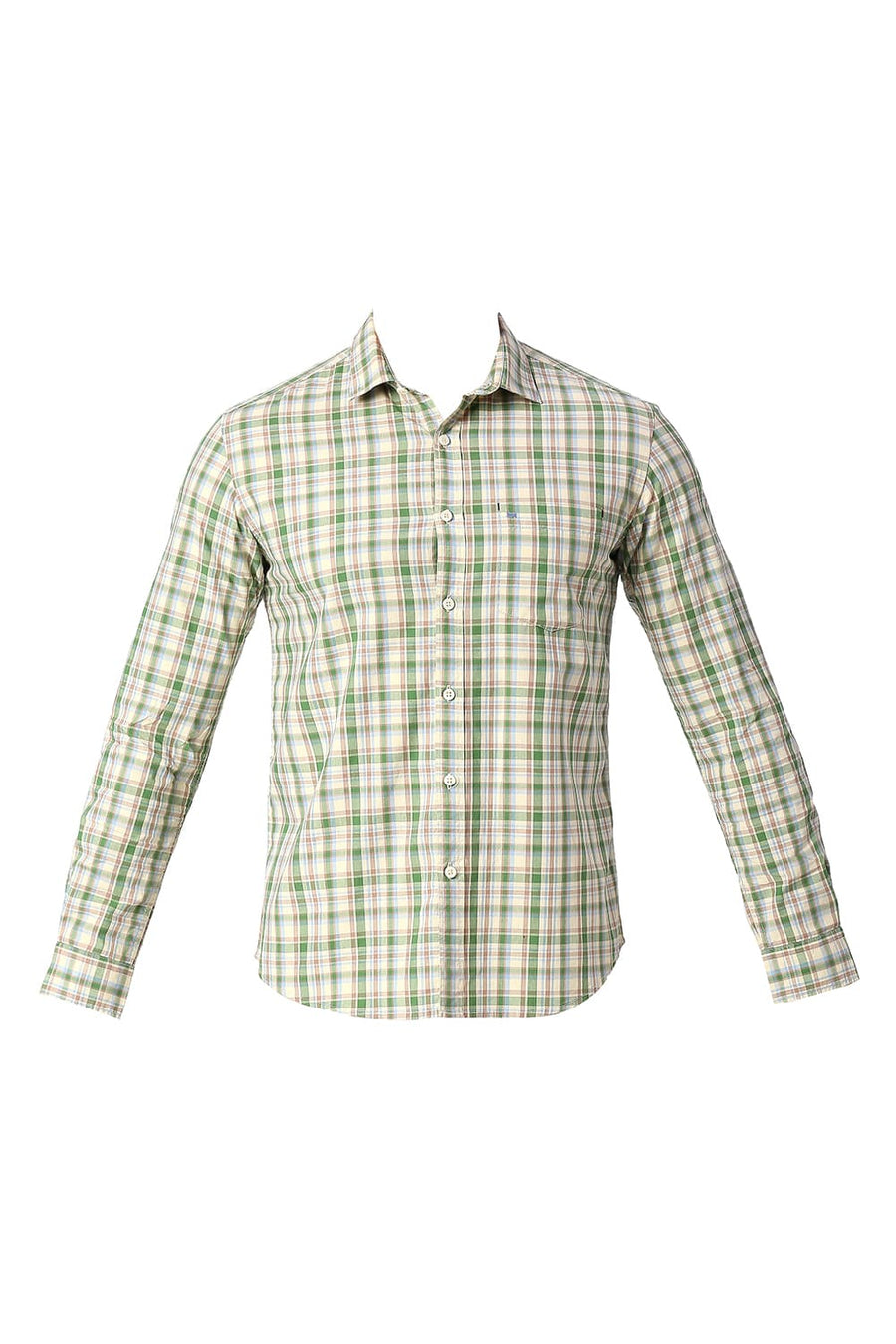 BASICS SLIM FIT ARTICHOKE GREEN COTTON CHECKS SHIRT