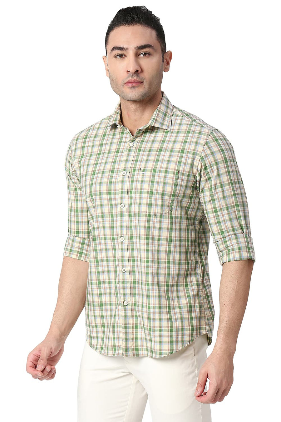 BASICS SLIM FIT ARTICHOKE GREEN COTTON CHECKS SHIRT