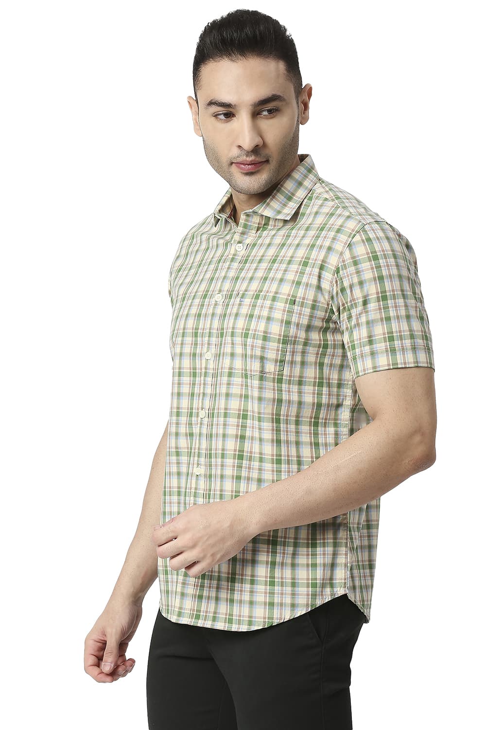 BASICS SLIM FIT COTTON CHECKS HALFSLEEVES SHIRT