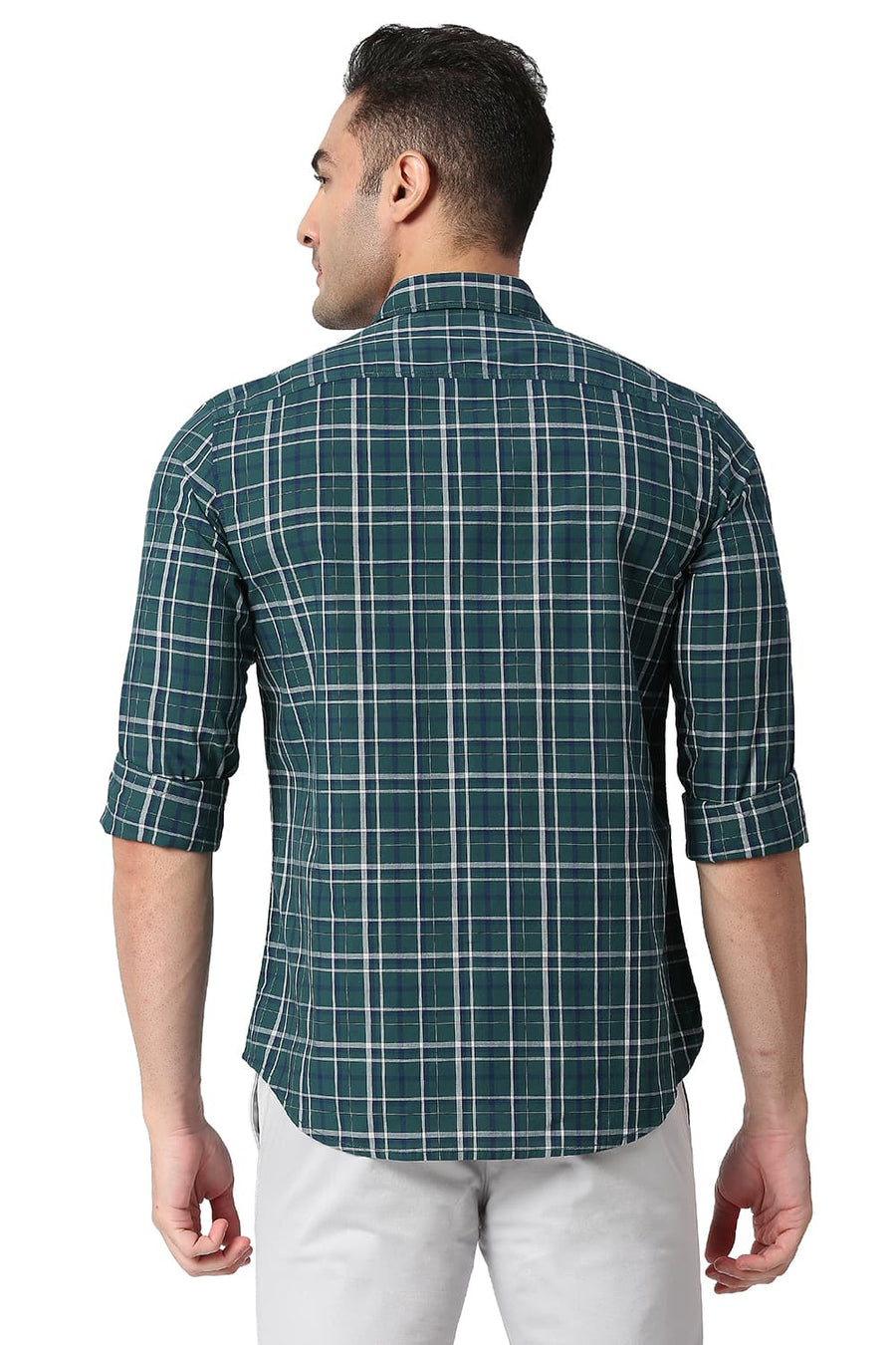BASICS SLIM FIT PINE GREEN COTTON CHECKS SHIRT
