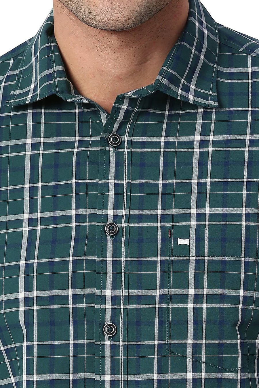 BASICS SLIM FIT PINE GREEN COTTON CHECKS SHIRT