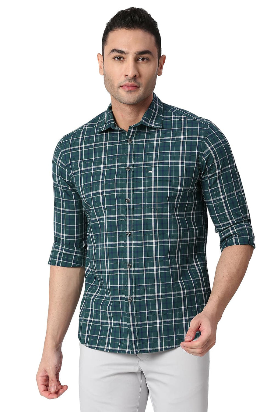 BASICS SLIM FIT PINE GREEN COTTON CHECKS SHIRT
