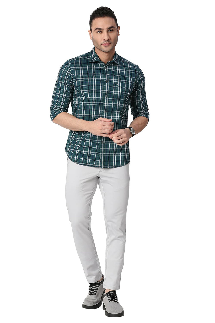 BASICS SLIM FIT PINE GREEN COTTON CHECKS SHIRT