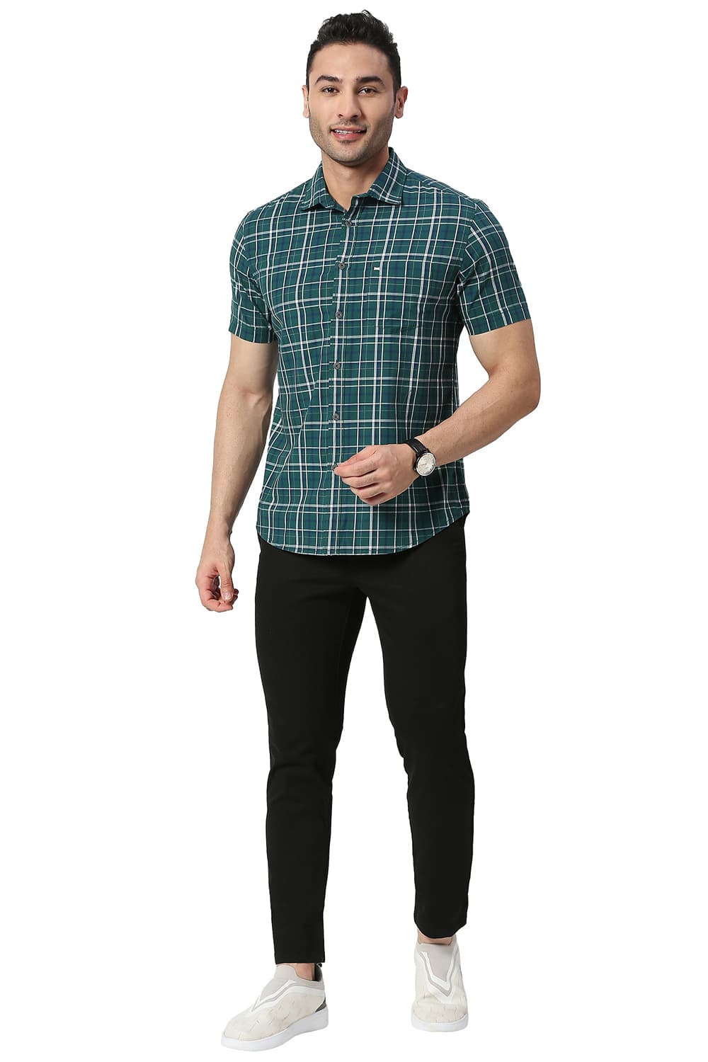 BASICS SLIM FIT COTTON CHECKS HALFSLEEVES SHIRT