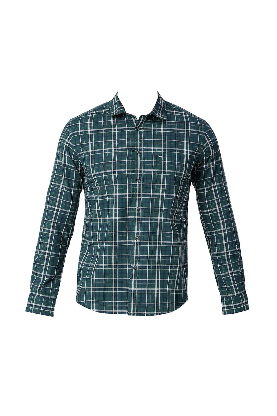 BASICS SLIM FIT PINE GREEN COTTON CHECKS SHIRT