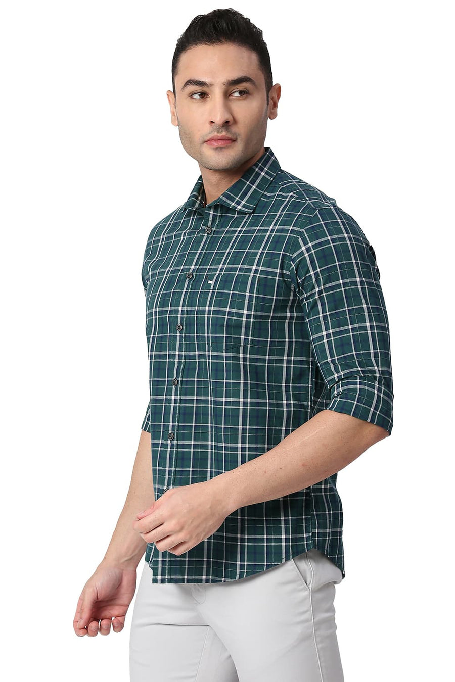 BASICS SLIM FIT PINE GREEN COTTON CHECKS SHIRT
