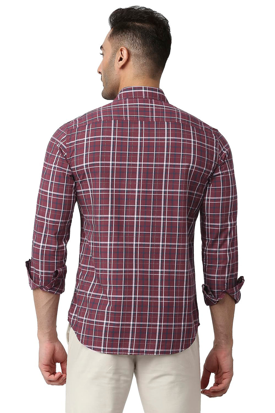 BASICS SLIM FIT CABERNET MAROON COTTON CHECKS SHIRT