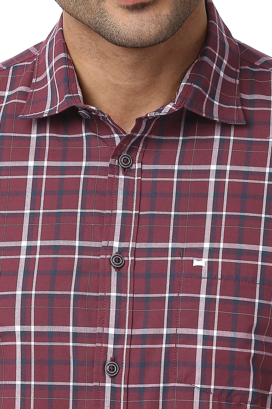 BASICS SLIM FIT CABERNET MAROON COTTON CHECKS SHIRT