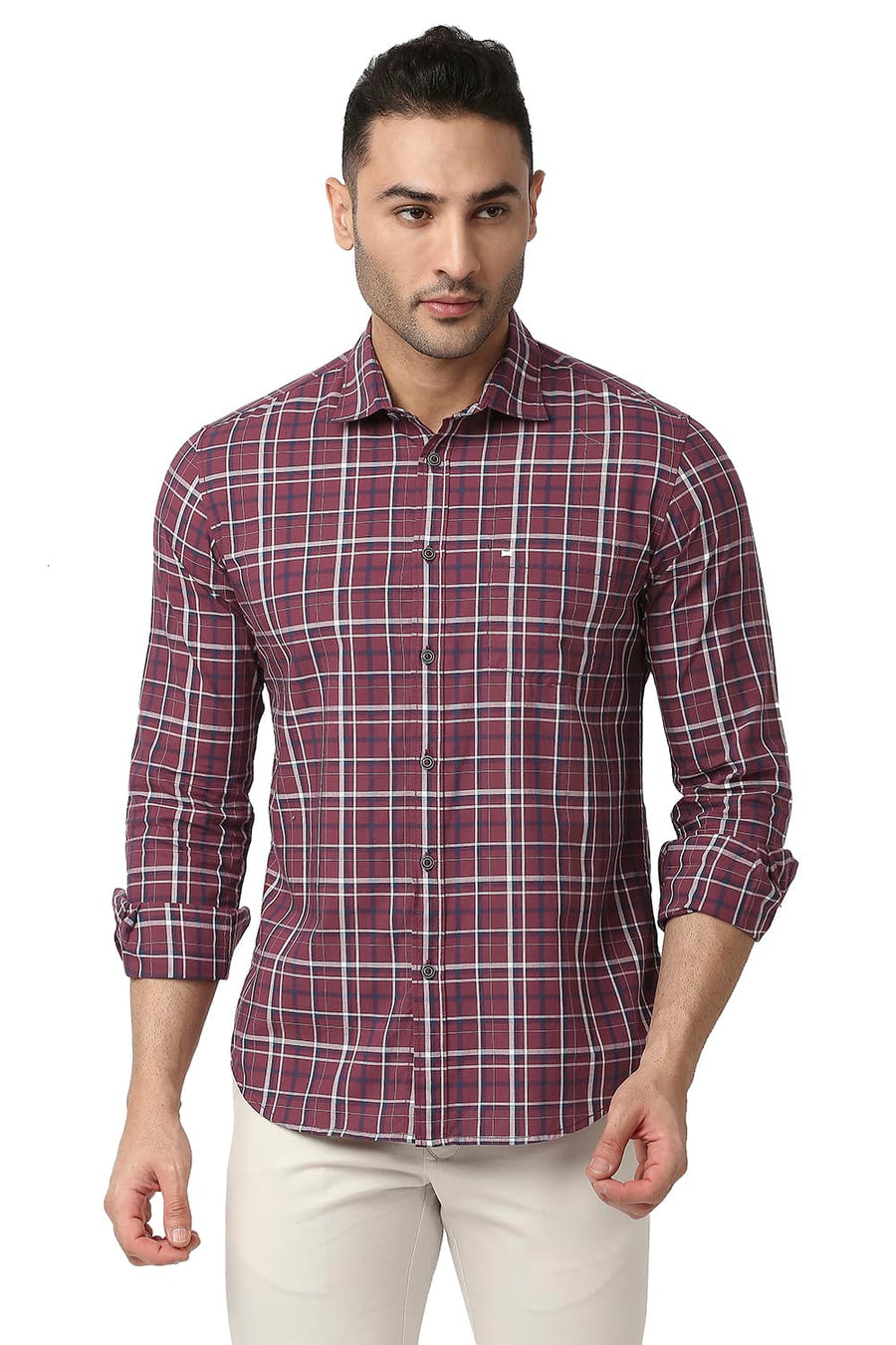 BASICS SLIM FIT CABERNET MAROON COTTON CHECKS SHIRT