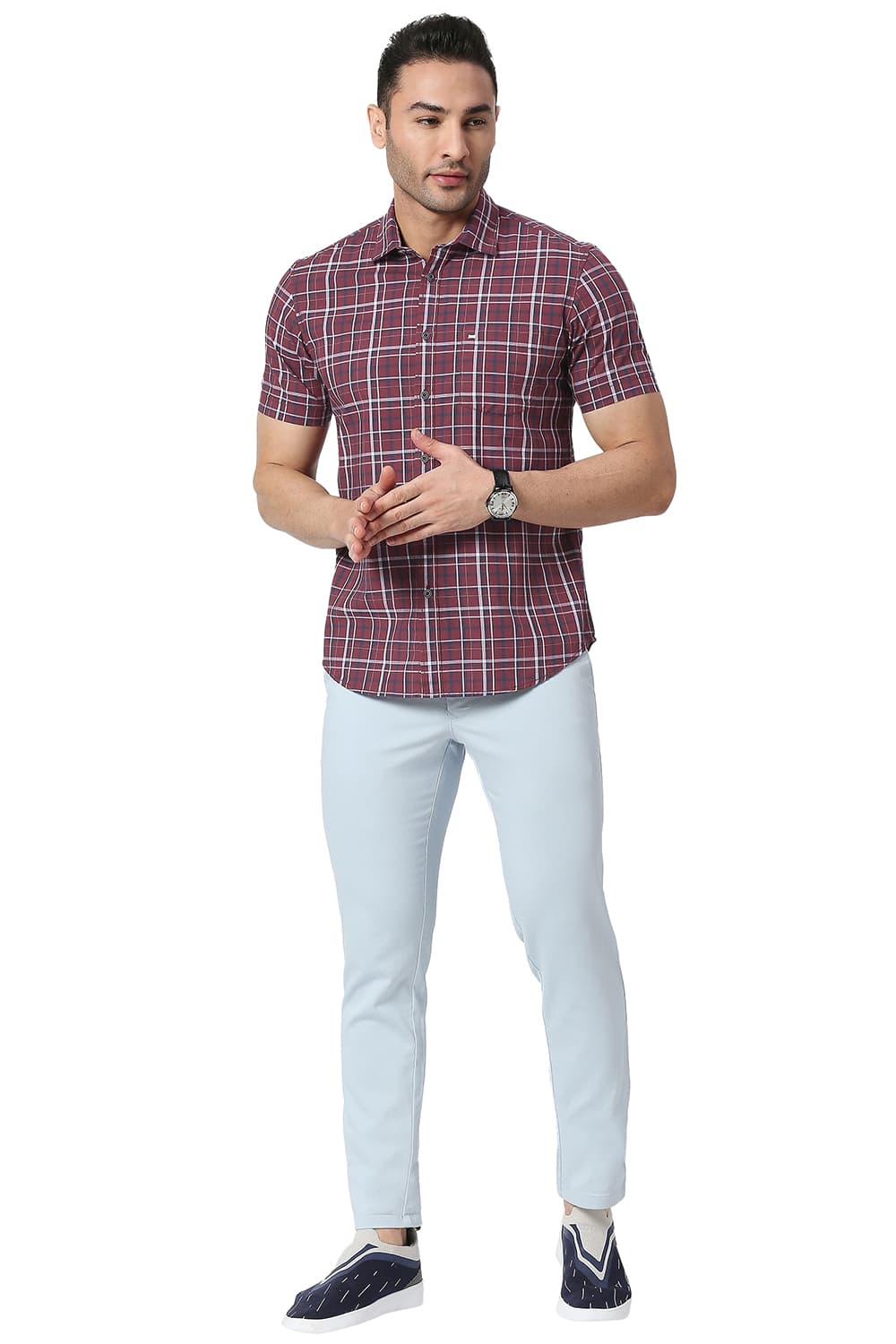 BASICS SLIM FIT COTTON CHECKS HALFSLEEVES SHIRT