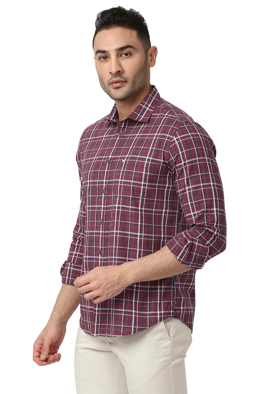 BASICS SLIM FIT CABERNET MAROON COTTON CHECKS SHIRT
