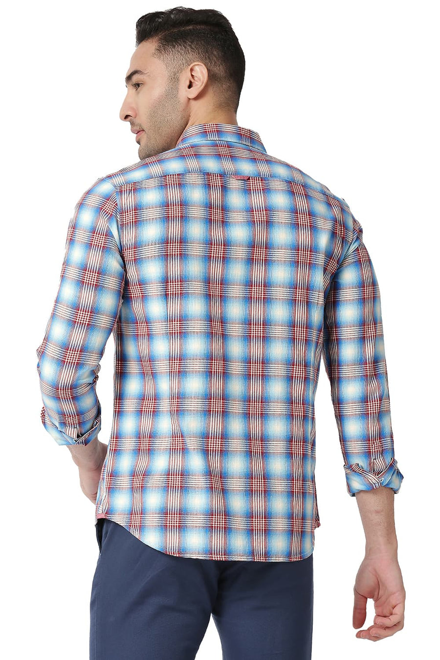 BASICS SLIM FIT HERITAGE BLUE COTTON TWILL CHECKS SHIRT