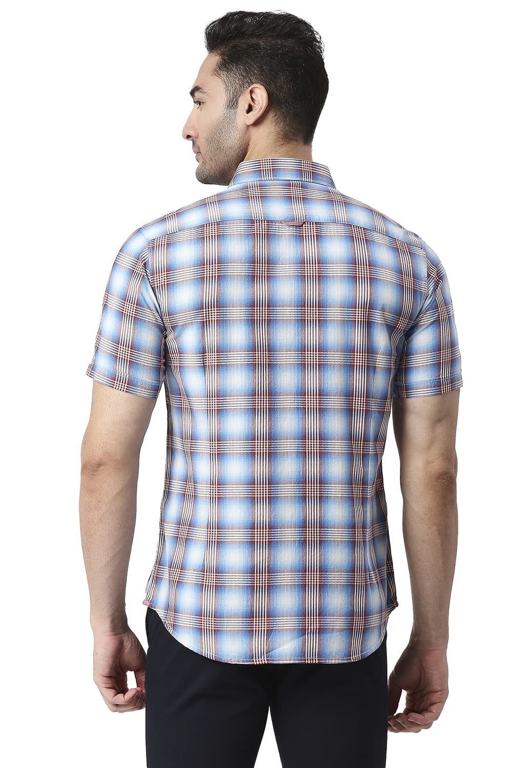 BASICS SLIM FIT COTTON TWILL CHECKS HALFSLEEVES SHIRT