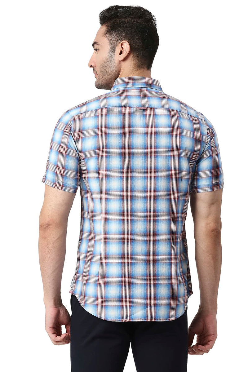 BASICS SLIM FIT COTTON TWILL CHECKS HALFSLEEVES SHIRT