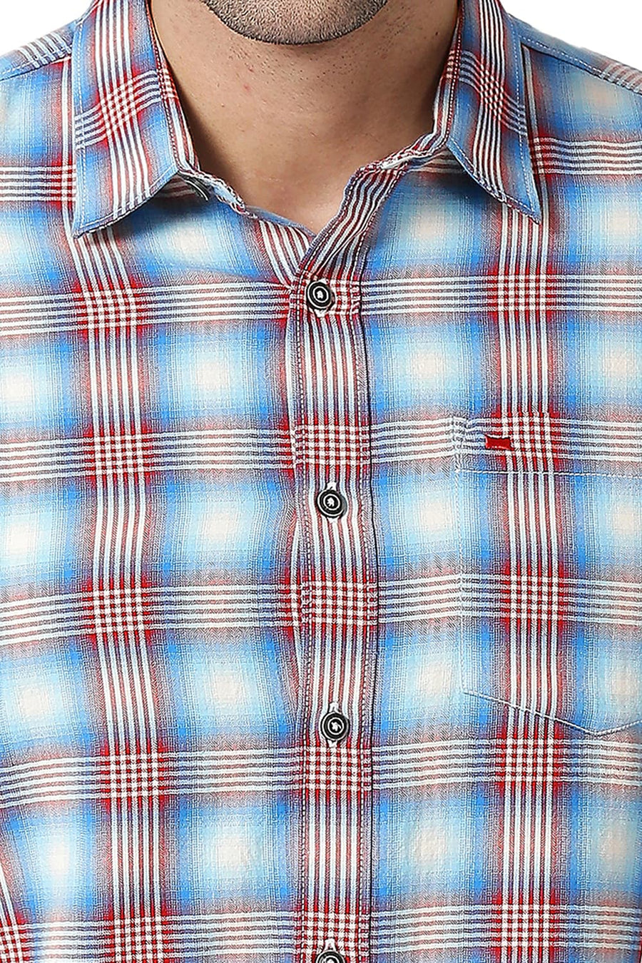 BASICS SLIM FIT HERITAGE BLUE COTTON TWILL CHECKS SHIRT
