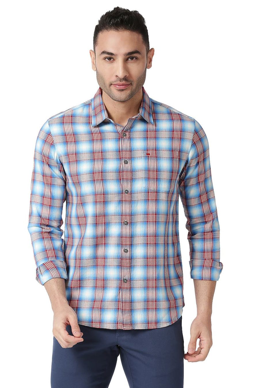 BASICS SLIM FIT HERITAGE BLUE COTTON TWILL CHECKS SHIRT