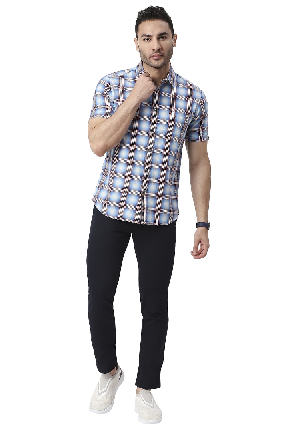 BASICS SLIM FIT COTTON TWILL CHECKS HALFSLEEVES SHIRT