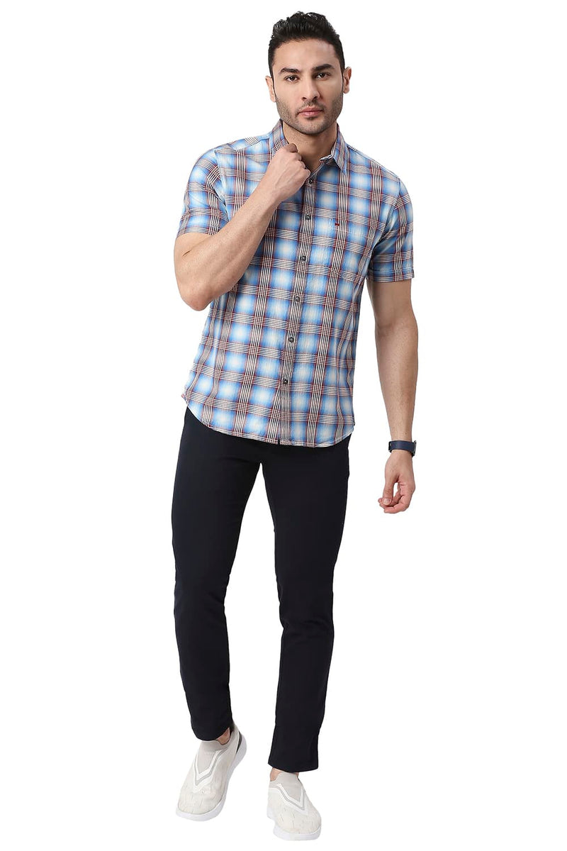 BASICS SLIM FIT COTTON TWILL CHECKS HALFSLEEVES SHIRT