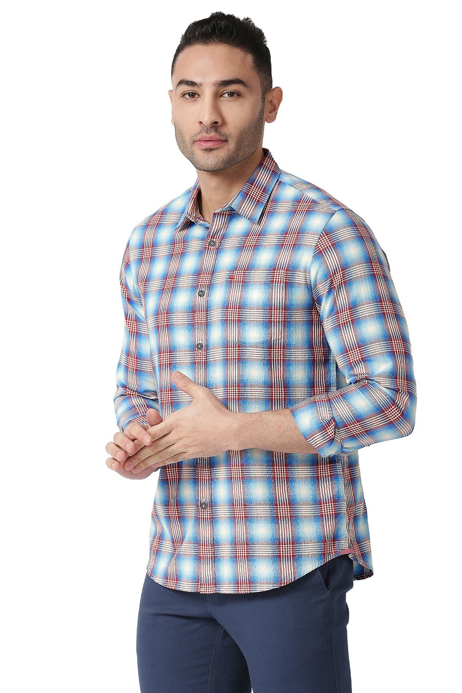 BASICS SLIM FIT HERITAGE BLUE COTTON TWILL CHECKS SHIRT