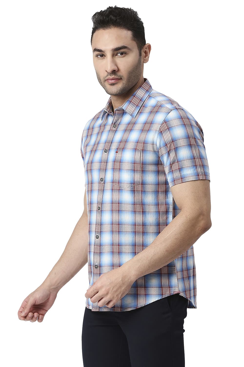 BASICS SLIM FIT COTTON TWILL CHECKS HALFSLEEVES SHIRT