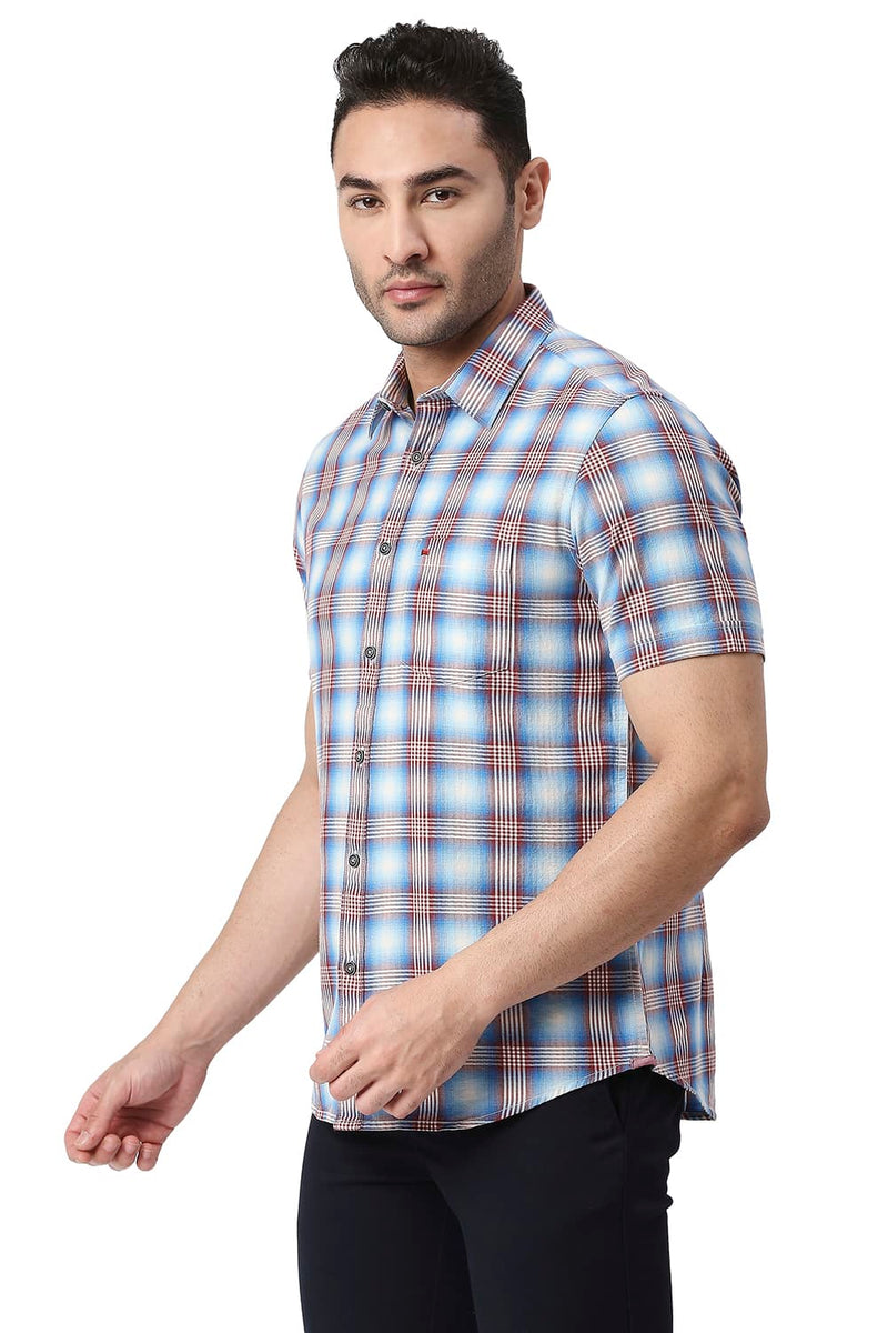 BASICS SLIM FIT COTTON TWILL CHECKS HALFSLEEVES SHIRT