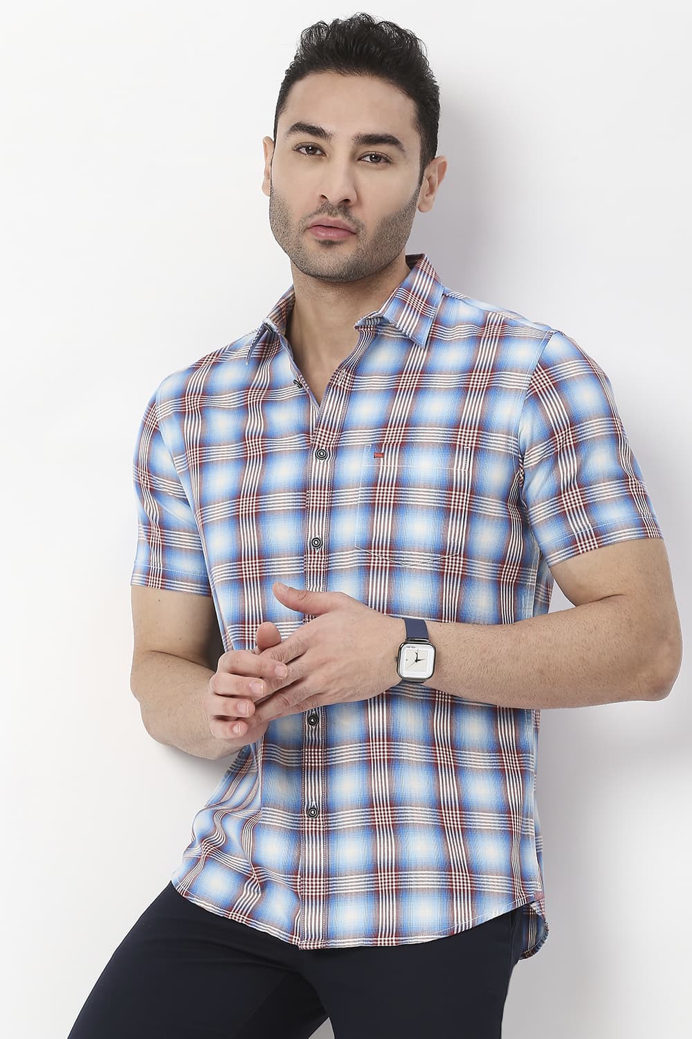 Slim Fit Cotton Twill Checks Halfsleeves Shirt