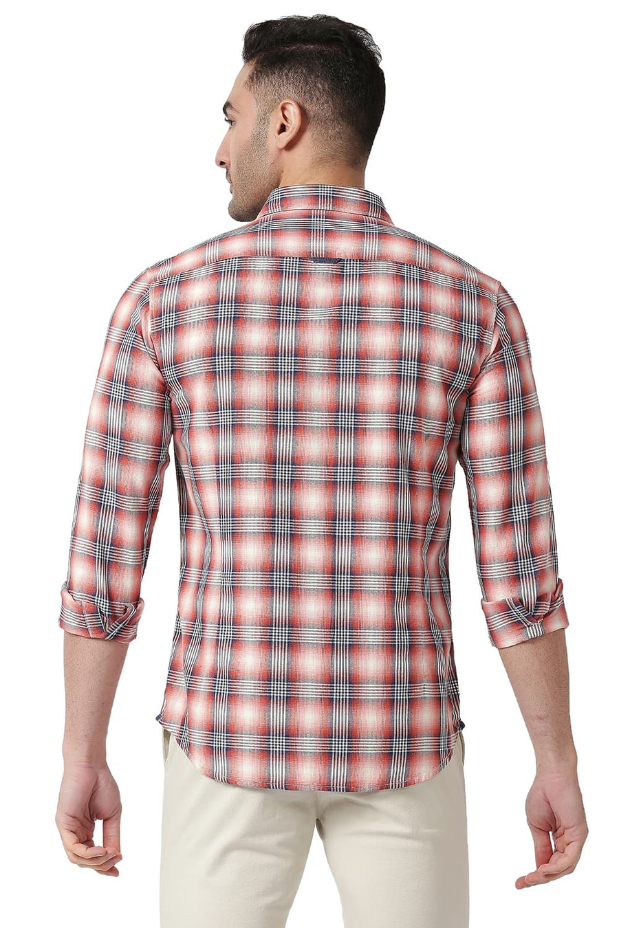 BASICS SLIM FIT DUSTY RED COTTON TWILL CHECKS SHIRT