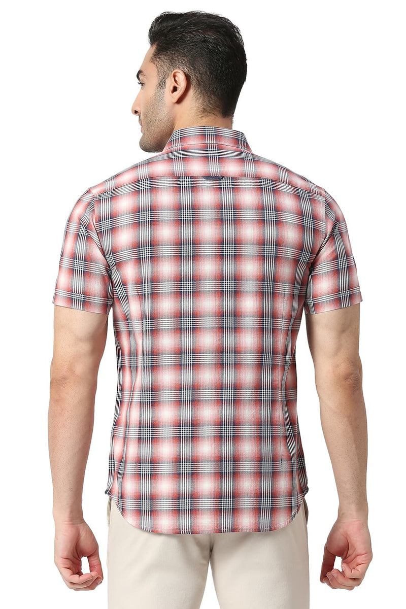 BASICS SLIM FIT COTTON TWILL CHECKS HALFSLEEVES SHIRT