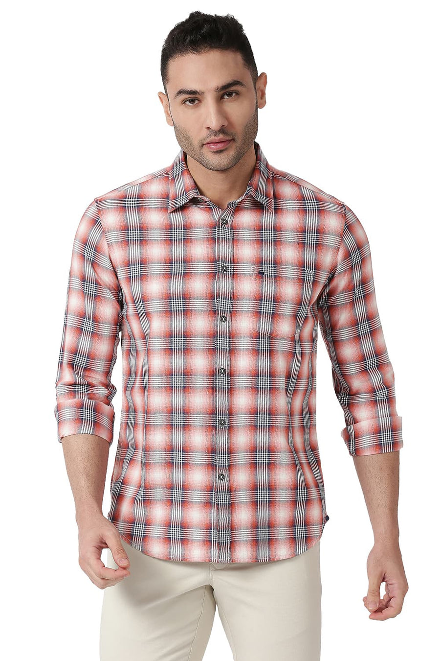 BASICS SLIM FIT DUSTY RED COTTON TWILL CHECKS SHIRT