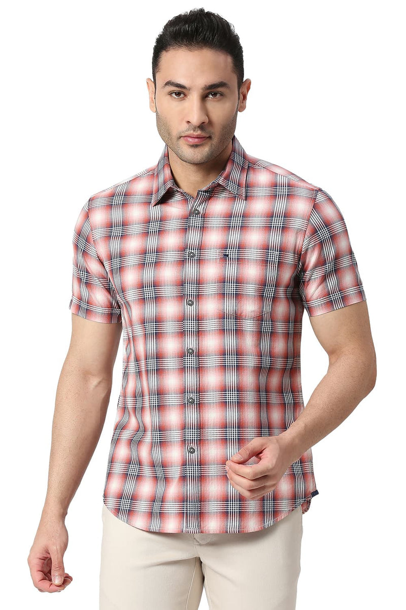 BASICS SLIM FIT COTTON TWILL CHECKS HALFSLEEVES SHIRT