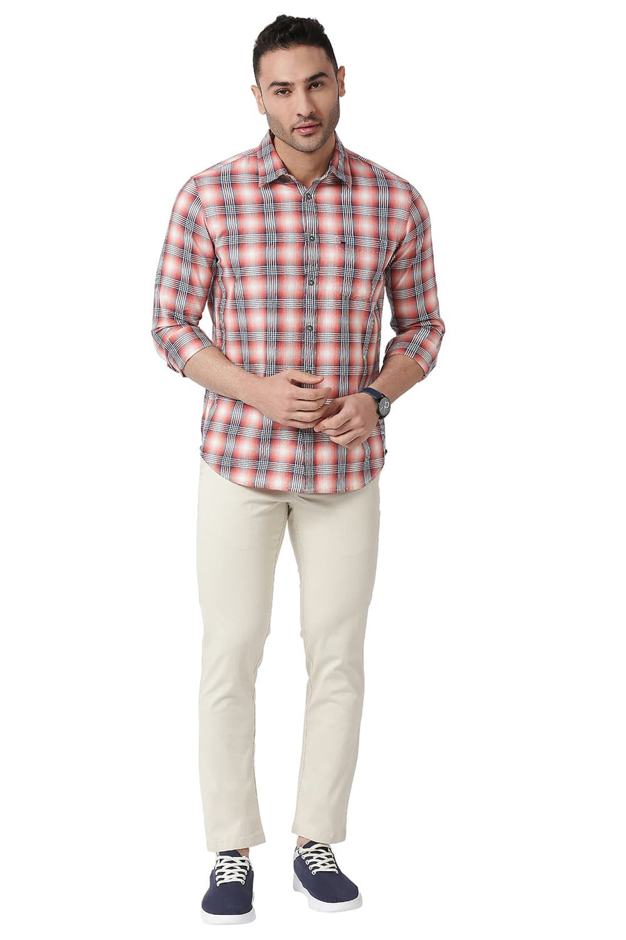 BASICS SLIM FIT DUSTY RED COTTON TWILL CHECKS SHIRT