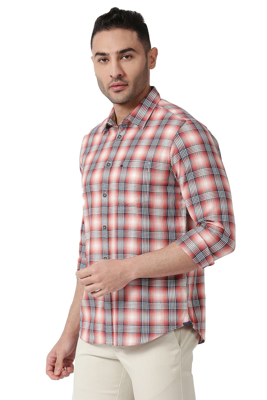 BASICS SLIM FIT DUSTY RED COTTON TWILL CHECKS SHIRT