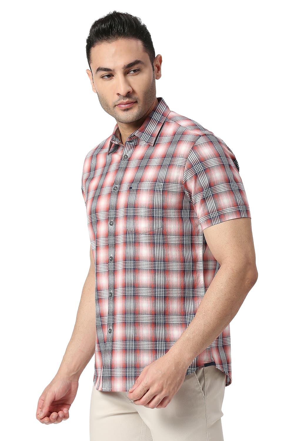 BASICS SLIM FIT COTTON TWILL CHECKS HALFSLEEVES SHIRT