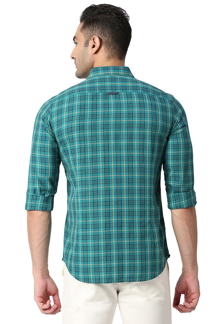 BASICS SLIM FIT FANFARE GREEN COTTON TWILL CHECKS SHIRT