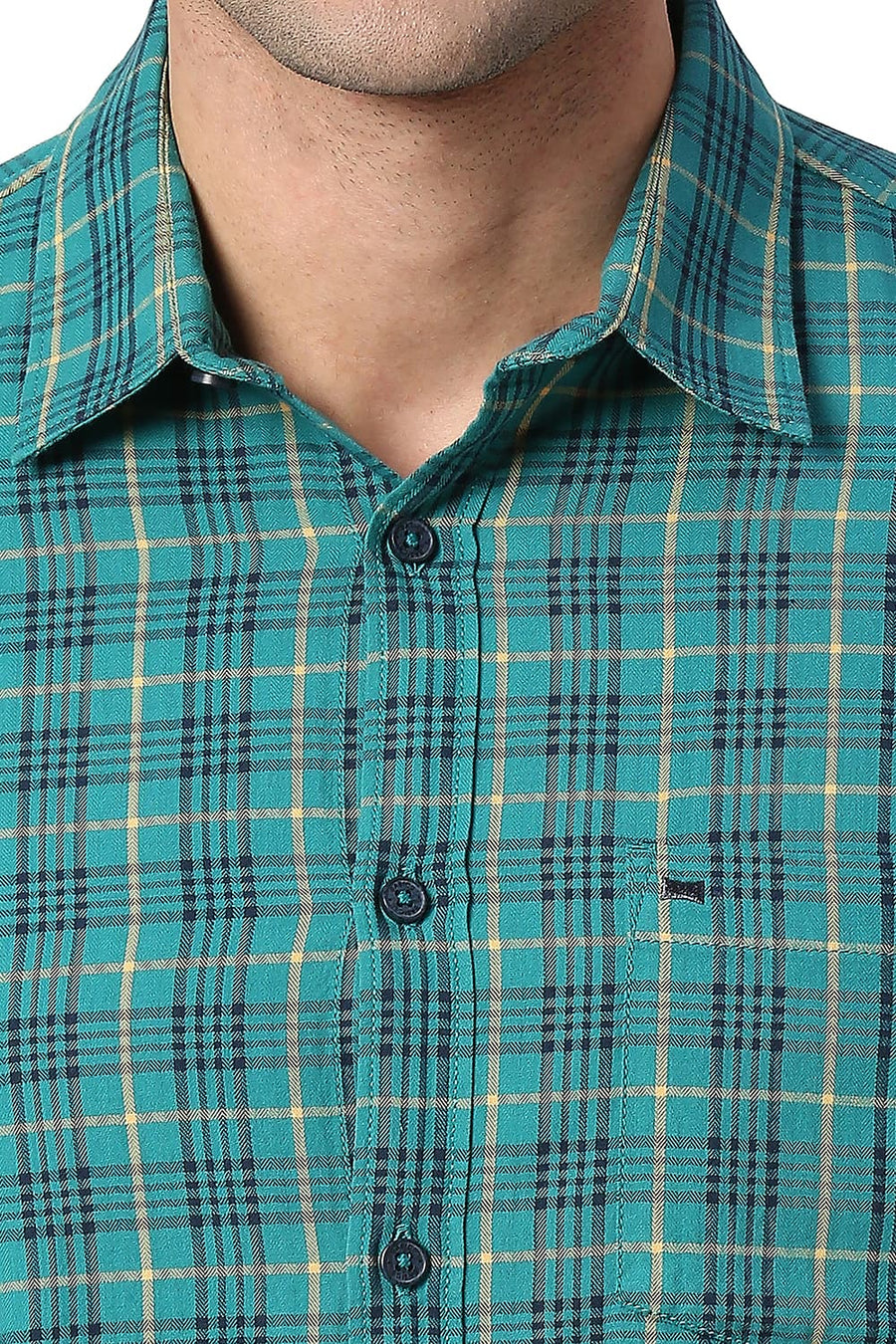 BASICS SLIM FIT FANFARE GREEN COTTON TWILL CHECKS SHIRT