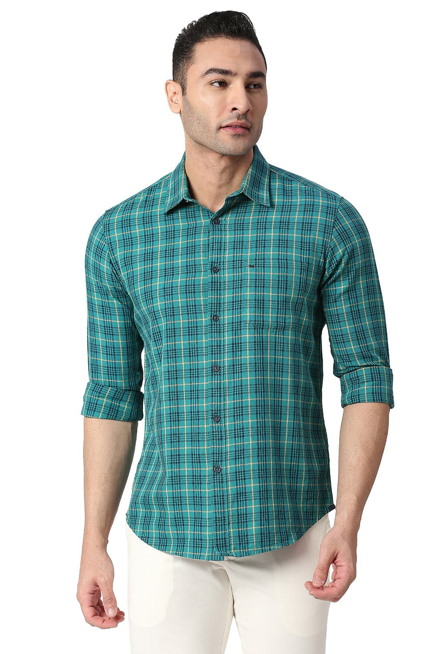 BASICS SLIM FIT FANFARE GREEN COTTON TWILL CHECKS SHIRT